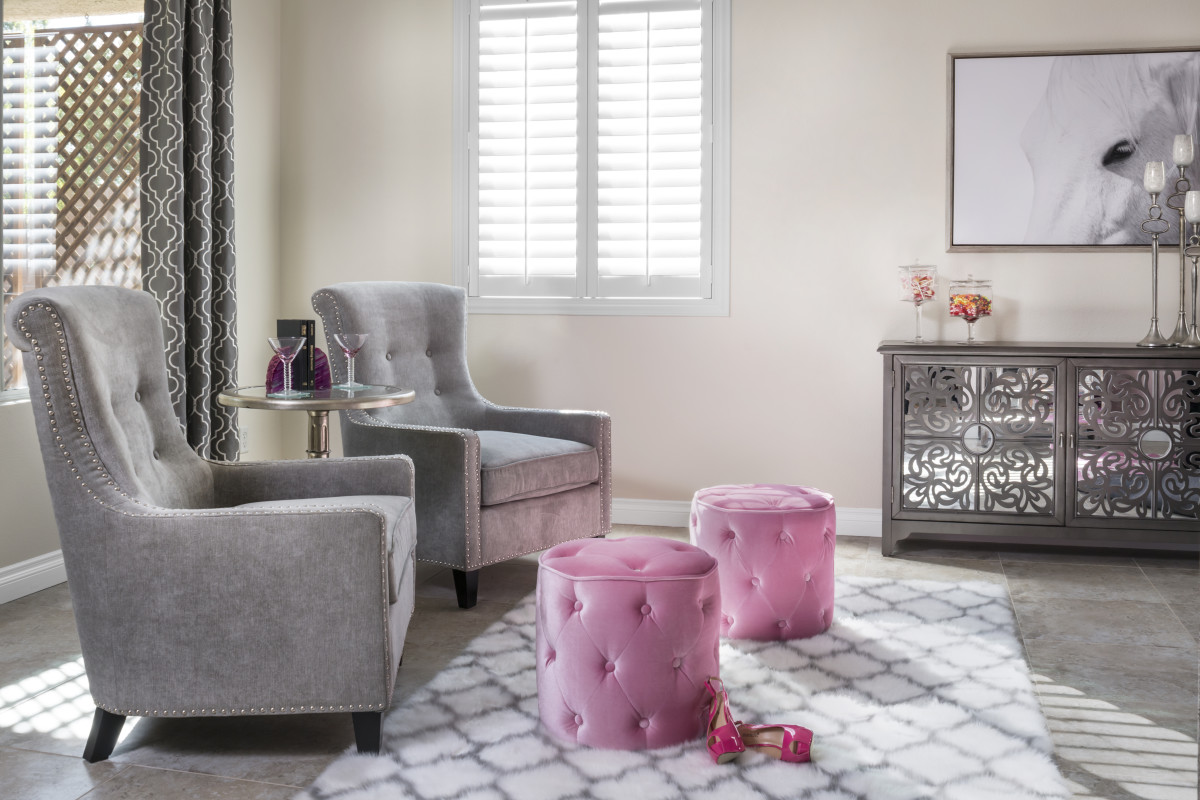 Dallas pink living room with shutters